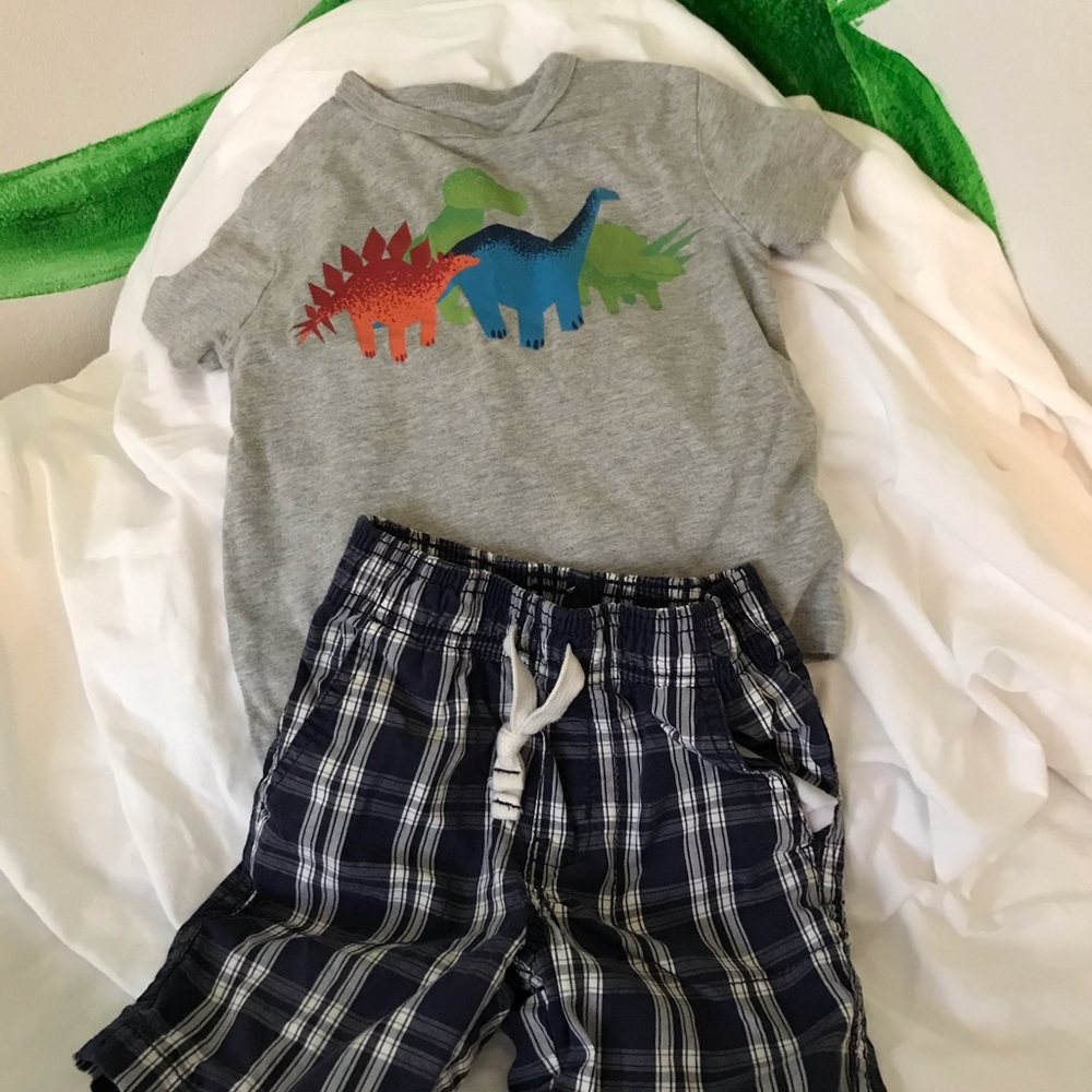 Baby gap dinosaur shirt w/ Carter’s navy plaid shorts.